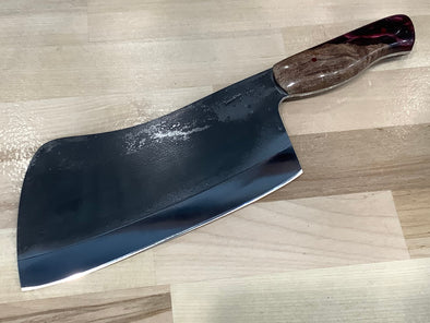 Set of 7 Kitchen Knives & 10 Steak Knives - CPM 154 - Maple Burl & Burgundy Resin with Pecan Block