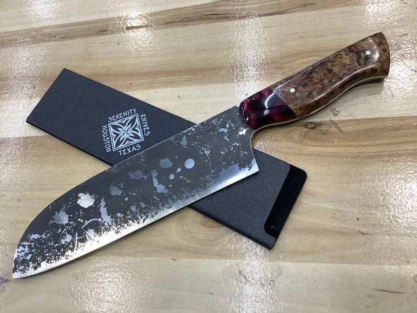 MagnaCut Santoku with a Black Ash Burl and Burgundy Resin handle