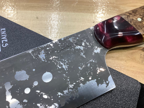 MagnaCut Santoku with a Black Ash Burl and Burgundy Resin handle