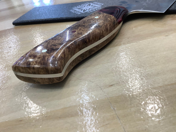 MagnaCut Santoku with a Black Ash Burl and Burgundy Resin handle