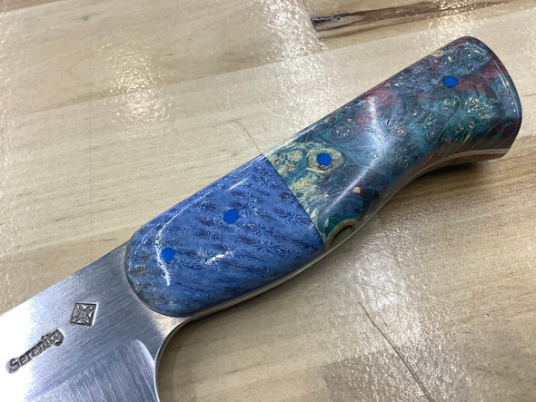 K-Tip Gyuto in CPM MagnaCut with Blue Coral Bolster & Double Dyed Box Elder Burl Handle