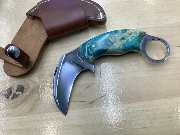 Serenity Knives Small Karambit - Shiny CPM154 blade with Blue Box Elder Burl Handle