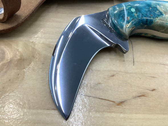 Serenity Knives Small Karambit - Shiny CPM154 blade with Blue Box Elder Burl Handle