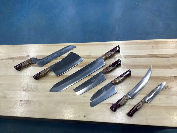 Serenity Knives Set of 7 Kitchen Knives & 10 Steak Knives - CPM 154 - Maple Burl & Burgundy Resin with Pecan Block