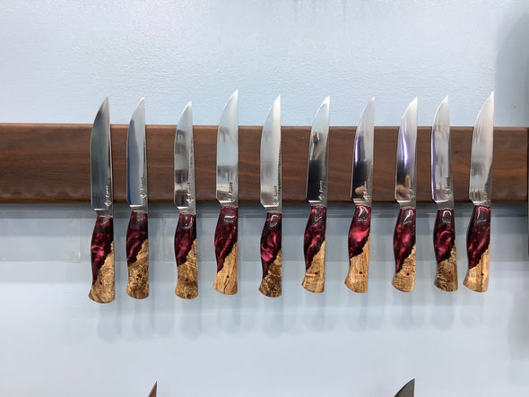 Serenity Knives Set of 7 Kitchen Knives & 10 Steak Knives - CPM 154 - Maple Burl & Burgundy Resin with Pecan Block