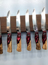 Serenity Knives Set of 7 Kitchen Knives & 10 Steak Knives - CPM 154 - Maple Burl & Burgundy Resin with Pecan Block